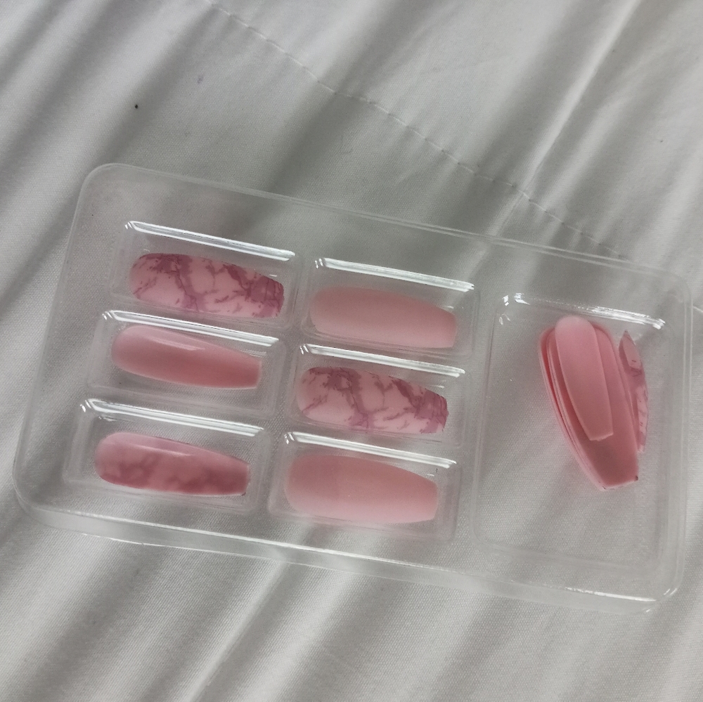 New pink marble coffin nails baby pink press on glue on statement nails